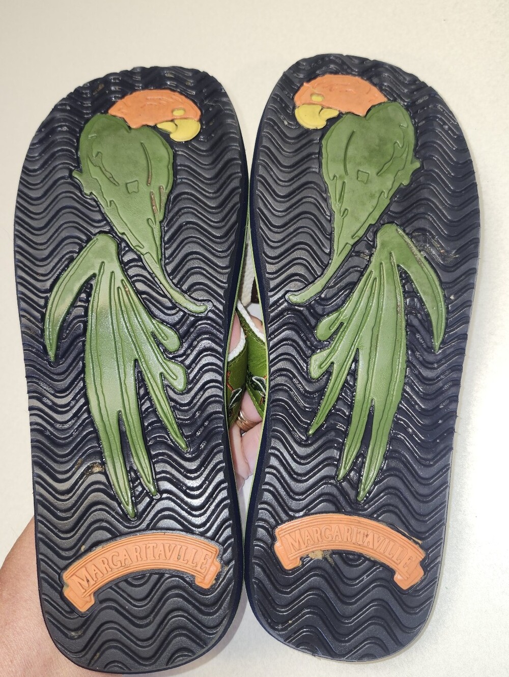 Margaritaville Navy Blue & Bright Green "Rita Time" Leather Upper Flip Flops, 8 - Picture 8 of 11